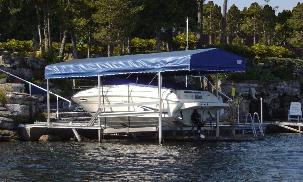 Boat on lift with roof system